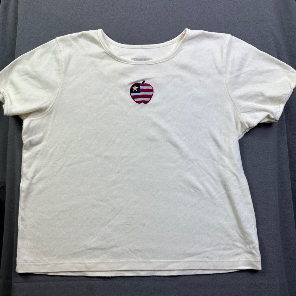 Christopher & Banks Women's XL White USA Flag Apple Embroidered T-Shirt Ribbed
